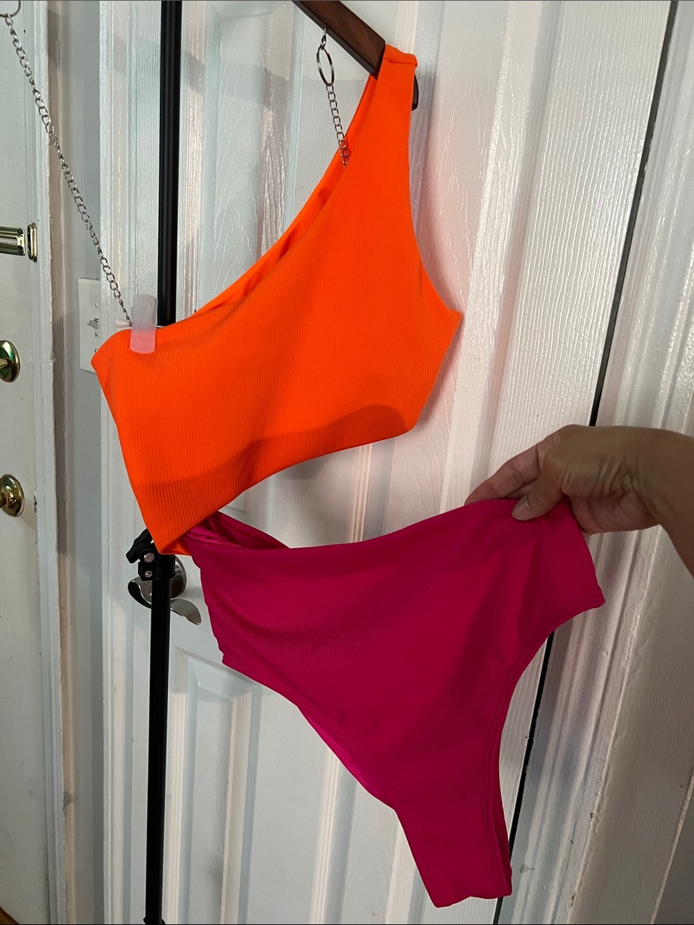 🩱 SHEIN One-Shoulder Neon Orange & Hot Pink Bikini Set